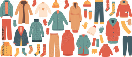 Assortment of winter clothing and accessories in a flat design style apparel fashion