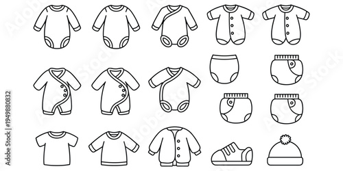 Black and White Line Drawings of Baby Clothing and Accessories baby clothes infant wear