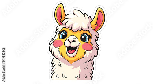 Happy llama sticker with big eyes and fluffy fur in cartoon style