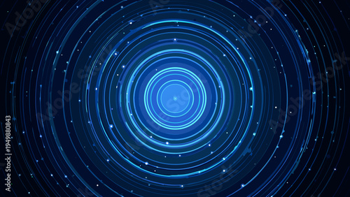 Abstract blue concentric circles with glowing particles forming a tunnel effect