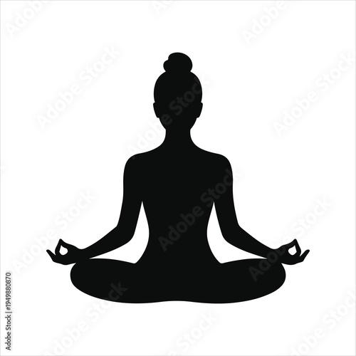 A black vector illustration of a woman sitting in a zen lotus pose for meditation and spiritual relaxation, featuring a minimalist yoga silhouette symbol for health and fitness