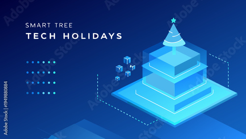 A futuristic blue isometric design featuring a christmas tree and tech elements