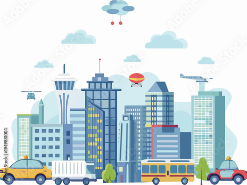 Colorful cityscape illustration featuring various modes of transportation