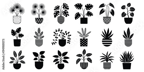 Black Silhouette Icons of Potted Houseplants in Geometric Pots Keywords: plant, houseplant, potted plant, silhouette, black