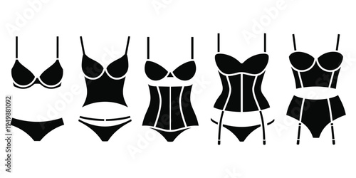 Black Silhouette Icons of Lingerie Sets Including Bras, Panties, and Corsets underwear thong