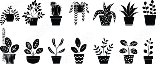 Black silhouette illustrations of various houseplants in decorative pots on a white background Keywords: houseplants, potted