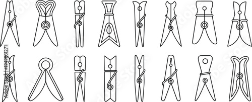 Collection of Black and White Outline Drawings of Various Clothes Pegs clothespin laundry