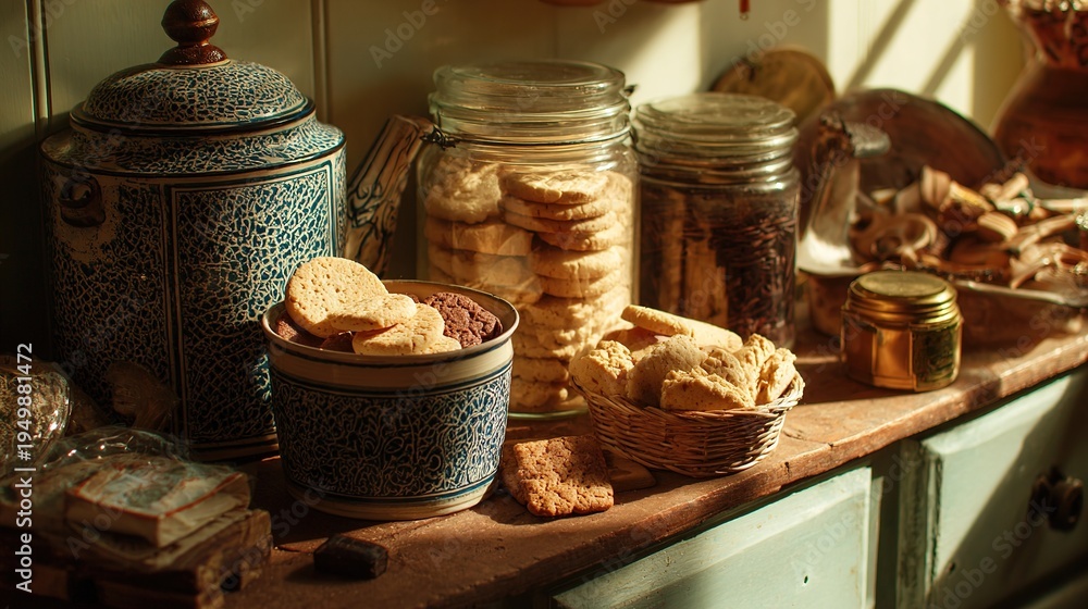 Fototapeta premium Vintage kitchenware holding handcrafted snacks, bathed in warm nostalgic light.