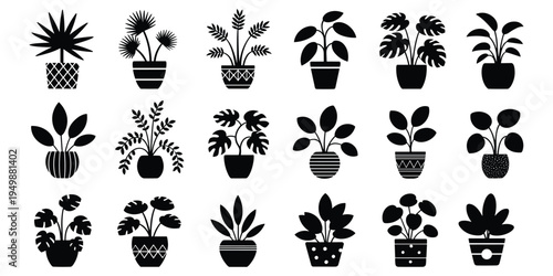 Collection of Black Silhouette Potted Houseplants in Various Pots potted plant indoor plant