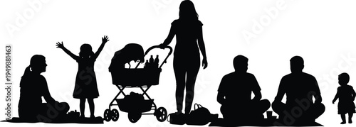 Family silhouettes collection, parents with children and baby stroller, happy family outdoor activity scene vector illustration isolated set
