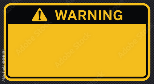 Blank yellow warning sign board with exclamation mark icon. Rectangular caution banner with black border for custom industrial safety messages and workplace alerts. Vector Illustration.
