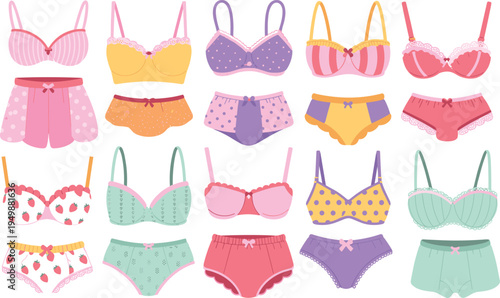 Collection of colorful bras and panties in various patterns and styles Keywords: lingerie, underwear, bras, panties, briefs