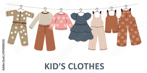 Collection of children's clothing items hanging on a clothesline with text Kid's Clothes kids fashion