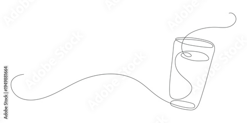 Continuous one line drawing of a glass of water. Minimalist single line art of a drink or beverage for modern cafe branding and wall decor. Vector Illustration.