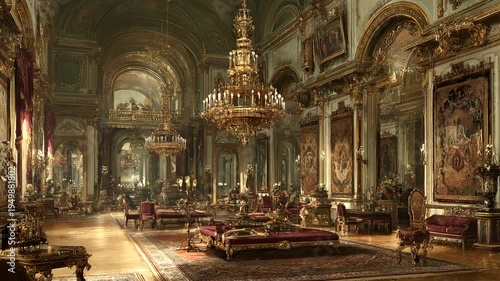 Luxurious opulent room with chandeliers and art