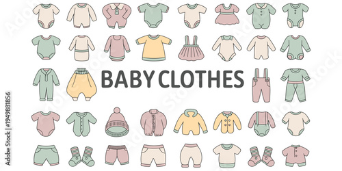 Collection of pastel colored baby clothes and text BABYCLOTHES Keywords: baby clothes, infant clothing, newborn