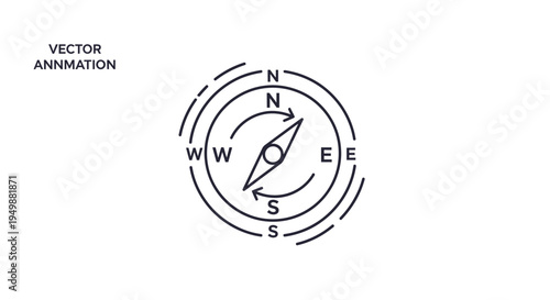 Animated Compass Rose Icon, Navigation Direction, North South East West, Vector Graphic