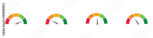 Speedometer and credit score performance gauge icons. Color coded circular meters for indicating speed, risk, and satisfaction levels. Vector Illustration.