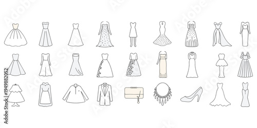 Collection of wedding dresses suits and accessories in a doodle style gowns jackets