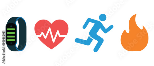 A row of four fitness icons including a black smartwatch, a red heart with a pulse line, a blue running person, and an orange flame, all set against a clean white background