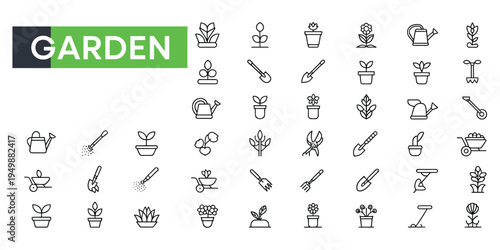 Garden Icons and Tools Collection with GARDEN Text Overlay Keywords: garden, icon, tool, shovel, rake, watering can, plant