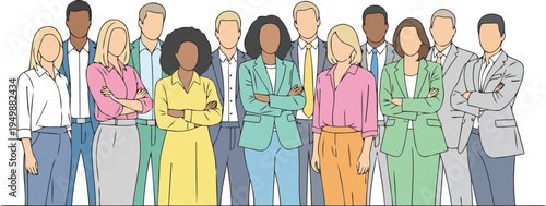 Corporate workforce large multiethnic flat group vector drawing
