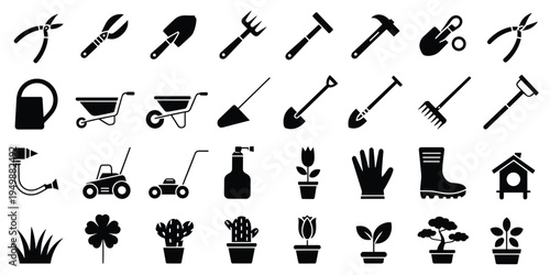 Garden Tools and Supplies Icons Arranged in Rows gardening equipment