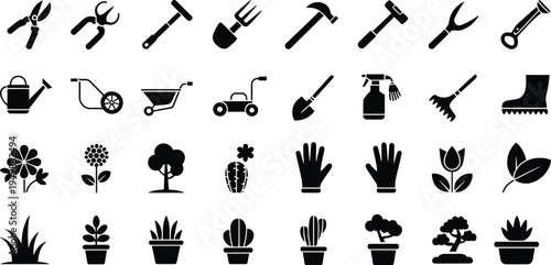 Garden Tools Plants Flowers and Boots Icons Set Black Silhouettes gardening tools