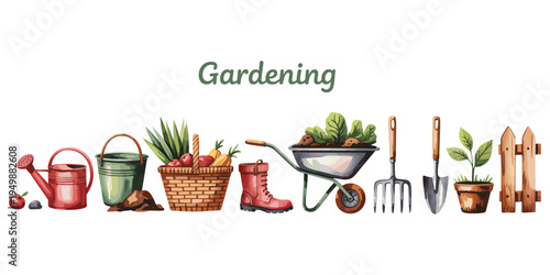 Gardening Tools and Supplies with Wooden Fence and Plants watering can bucket