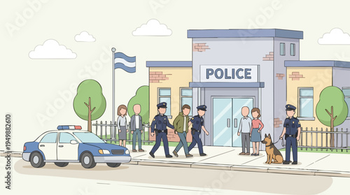 Police officers and civilians outside police station with police car and police dog in front of a community facility