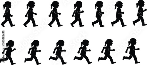 Girl walking running animation silhouettes set, child movement sequence frames, kid character side view motion vector illustration