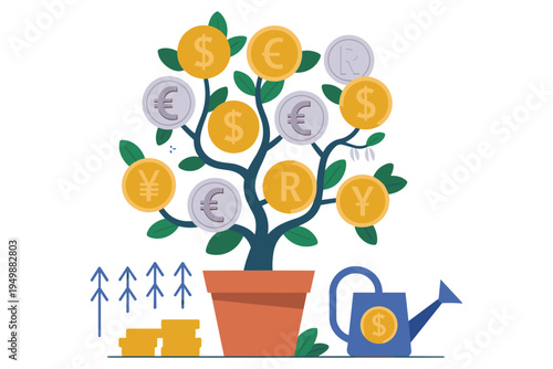 Money tree with coins and watering can symbolizing financial growth and investment finance