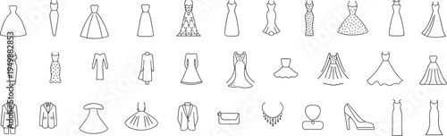Outline Drawings of Fashion Dresses Suits and Accessories Keywords: dresses, gowns, suits, jackets, skirts, handbags, shoes