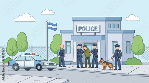 Police officers arresting a man with a dog outside a police station during daytime, law enforcement scene and public safety concept