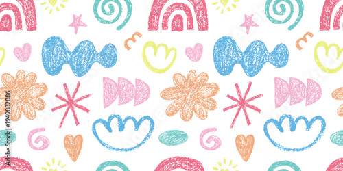 Crayon doodle grunge bold shapes, scribble seamless pattern . Modern childish hand drawn naive emphasis elements. Vector illustration