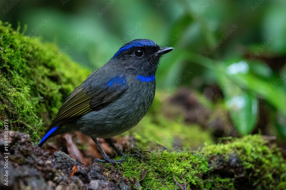 Fototapeta premium Small blue bird on mossy rock.