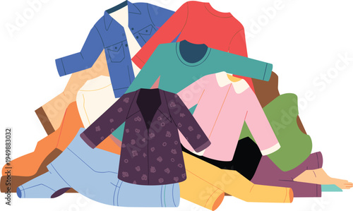 Pile of colorful assorted clothing items including shirts pants and jackets on white background Keywords: pile of clothes