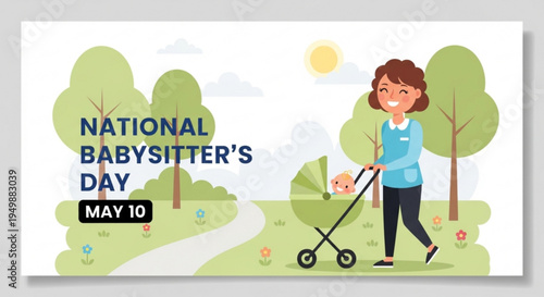 Woman pushing baby stroller on sunny park path on national babysitter's day may 10