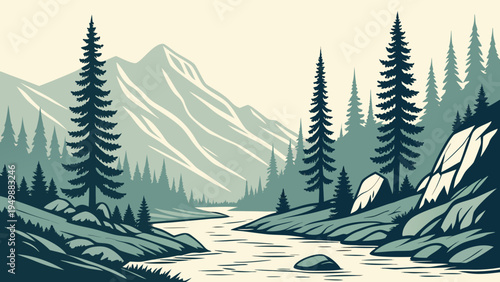 Mountain Valley with River and Pine Trees Vector