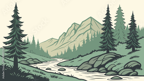 Mountain Valley with River and Pine Trees Vector
