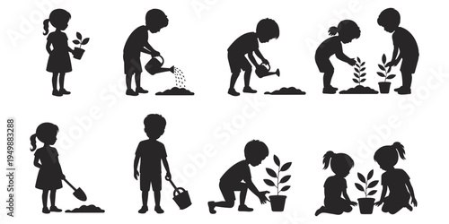 Silhouettes of children planting and watering plants in a garden setting Keywords: children, planting, watering, garden