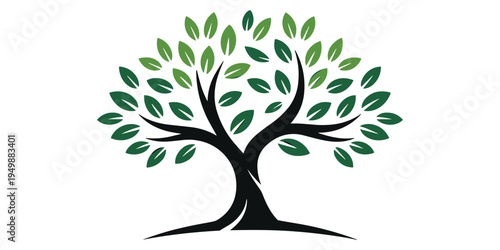 Stylized black tree with green leaves on a white background nature
