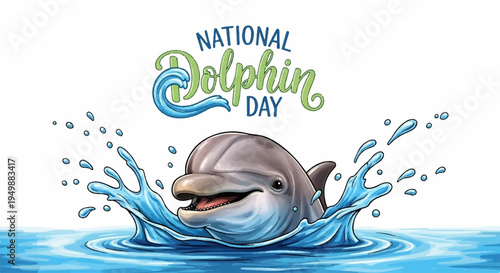 Dolphin jumping out of water on national dolphin day with splash and droplets
