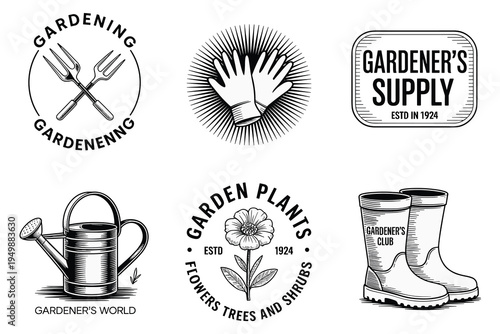 Vintage Gardening Emblems and Logos with Tools and Plants Keywords: gardening, garden, tools, plants, emblems, logos, vintage