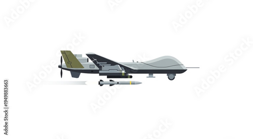 Military Drone with Missile Isolated on White Background.