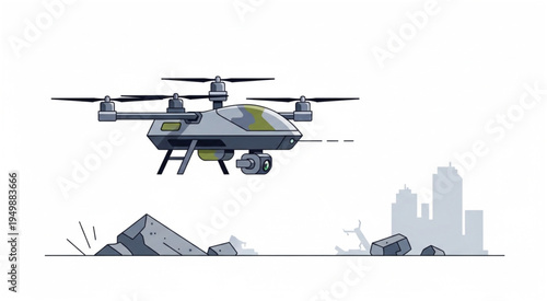 Military Drone Hovering Over Destroyed Cityscape, Armed and Ready.
