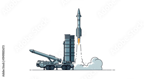 Mobile Missile Launcher Launching Missile with Smoke and Fire.