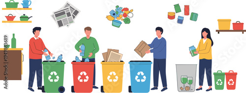 Waste Sorting and Recycling Process with People Separating Plastic, Paper, Glass and Organic Waste into Recycling Bins Vector Illustration