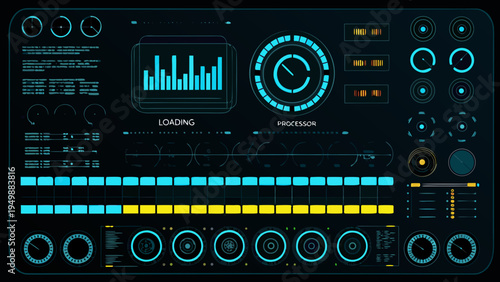 Futuristic user interface with data visualizations and processing indicators