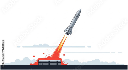 Rocket Launching into Space with Fire and Smoke Illustration.